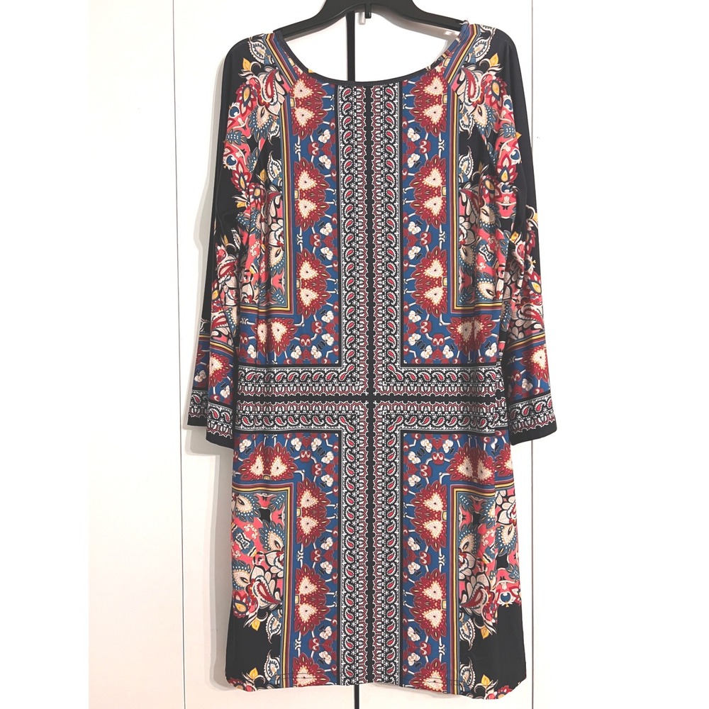 Calesa Womens Multi Color Scarf Print Long Sleeve Shift Dress Size L Paisley‎